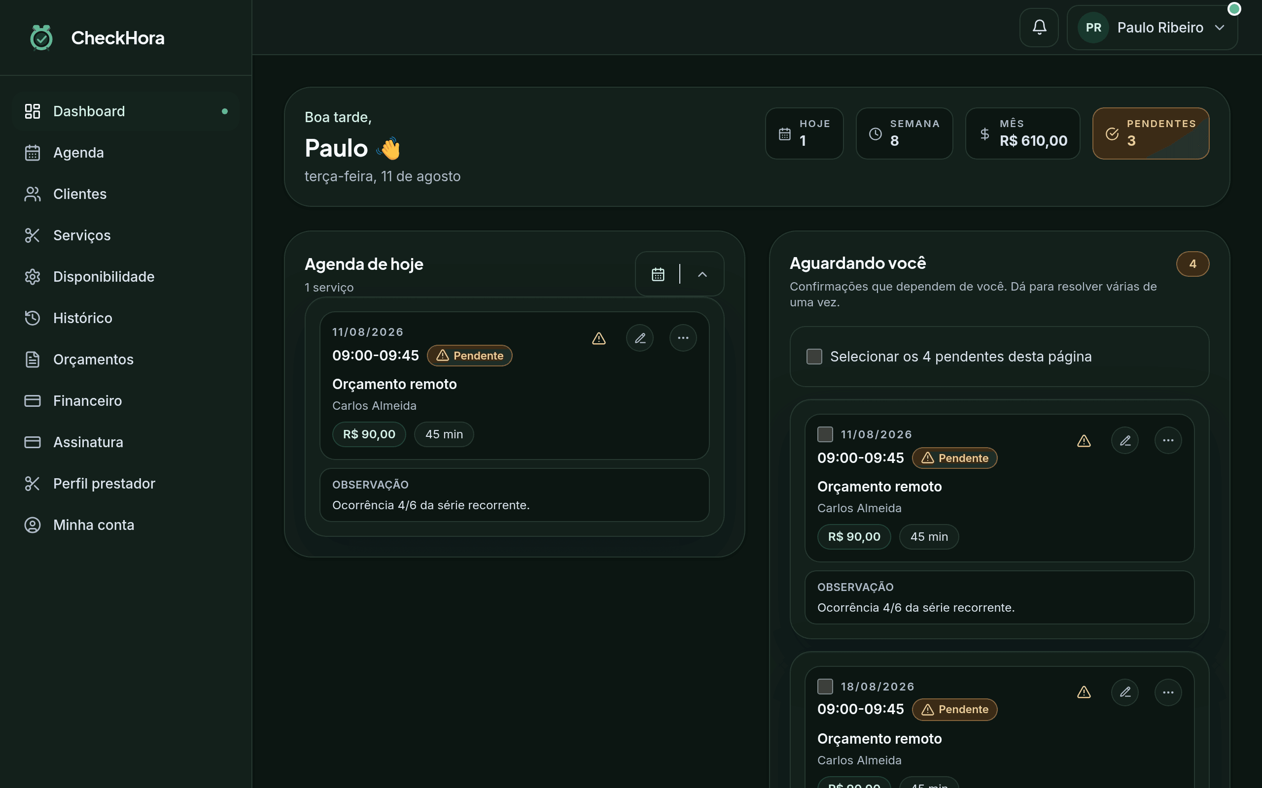 Painel do prestador no CheckHora: agenda do dia, confirmações pendentes e atalhos