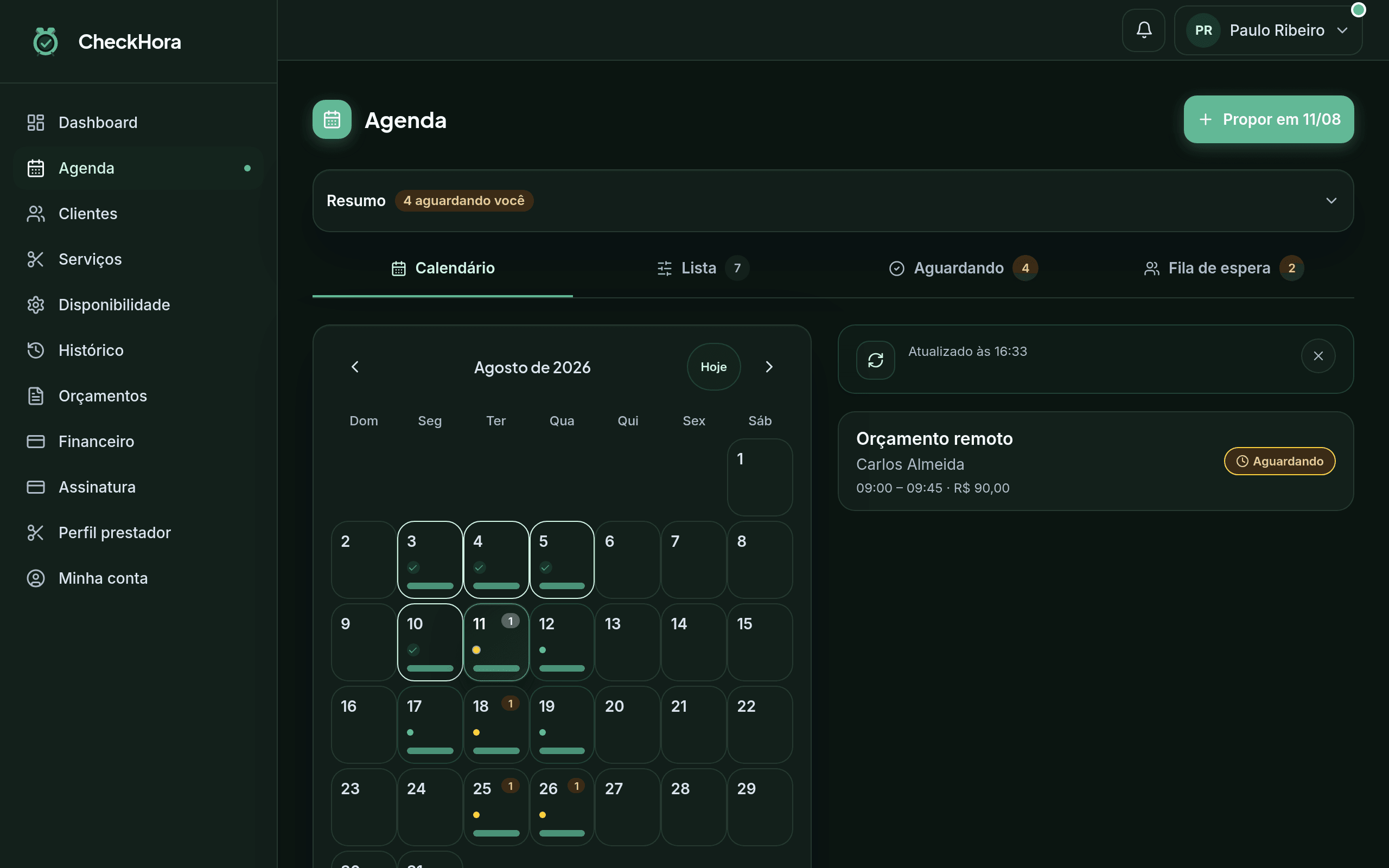 Agenda do prestador no CheckHora com os atendimentos do mês por status