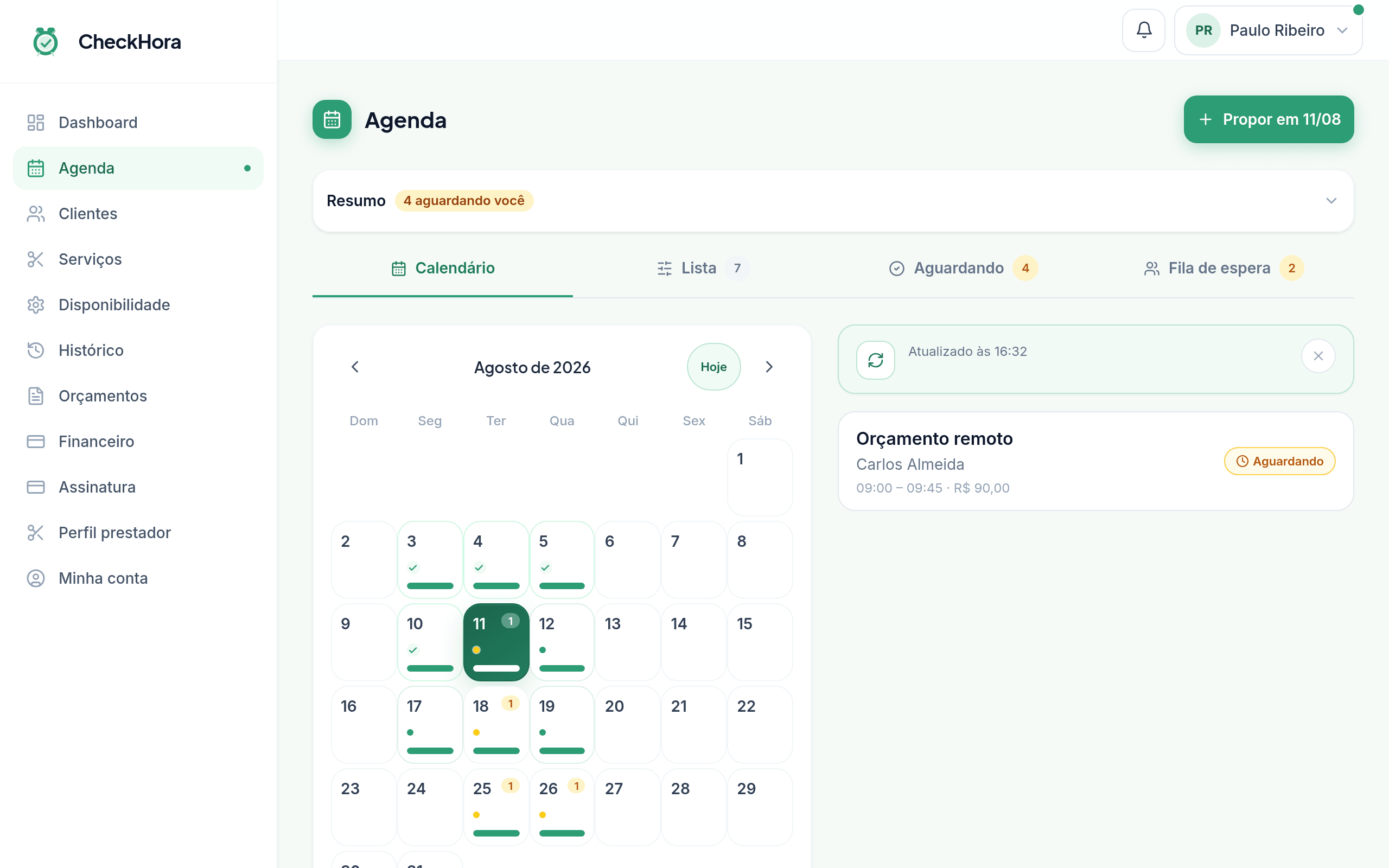 Agenda do prestador no CheckHora com os atendimentos do mês por status
