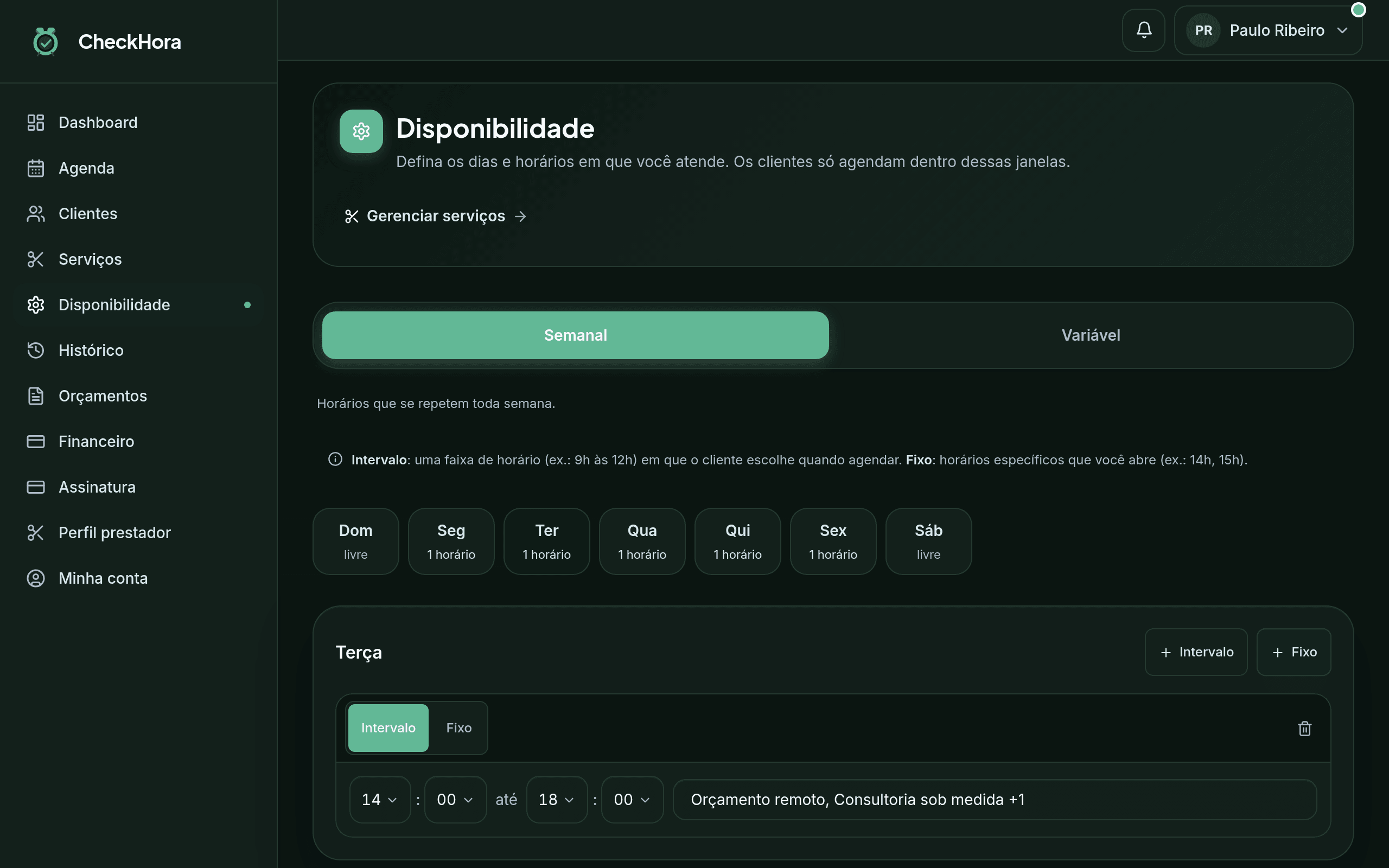 Tela de disponibilidade semanal do prestador