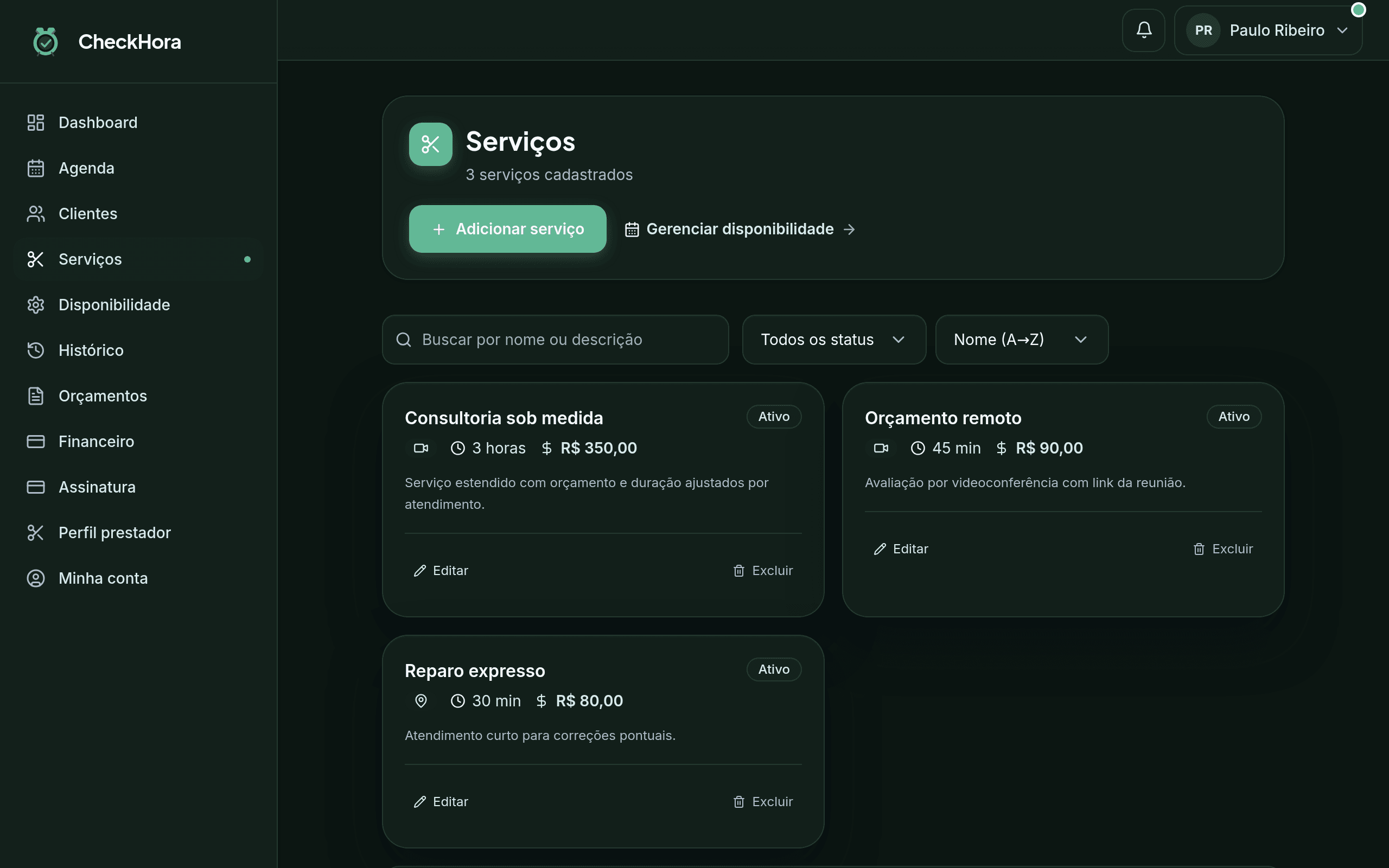 Lista de serviços do prestador com preço, duração e modalidade